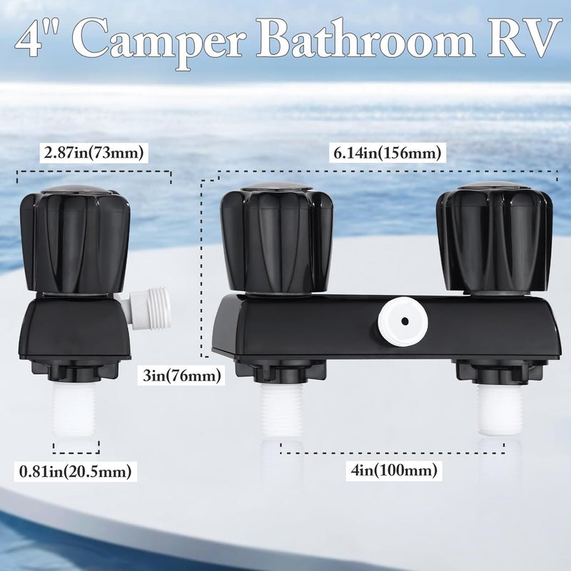 Liberflow RV Shower Faucet Replacement, 4" Camper Bathroom Faucet Valve for Outdoor and Indoor Kit with Dual Acrylic Knobs (Full Black) - Image 2